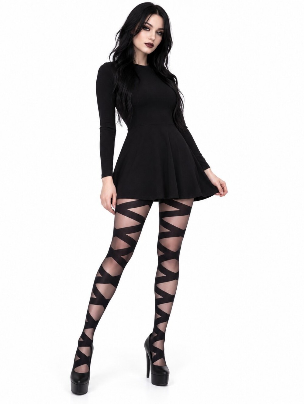 Black Strappy Patterned Sheer Tights